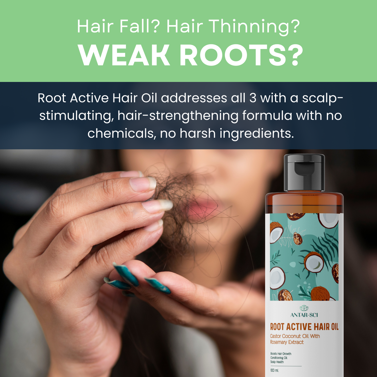 Root Active Hair Oil | Triple Action - Castor & Coconut Oil Infused with Rosemary | For Hair Growth & Hair Thickness